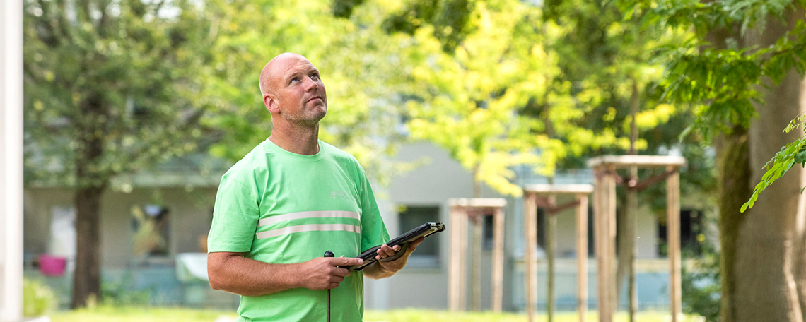 Ein Mann mit Glatze steht im Freien in einem Park oder Grünbereich. Er trägt ein hellgrünes T-Shirt mit reflektierenden Streifen und hält ein schwarzes Tablet in beiden Händen. Sein Blick ist nach oben gerichtet, als würde er etwas in den Bäumen oder in der Höhe beobachten. Im Hintergrund sind Bäume, junge gepflanzte Bäume mit Holzschutz sowie ein Gebäude teilweise sichtbar.